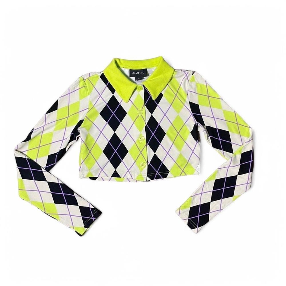 Monki Lime Argyle Button-Up Crop Top